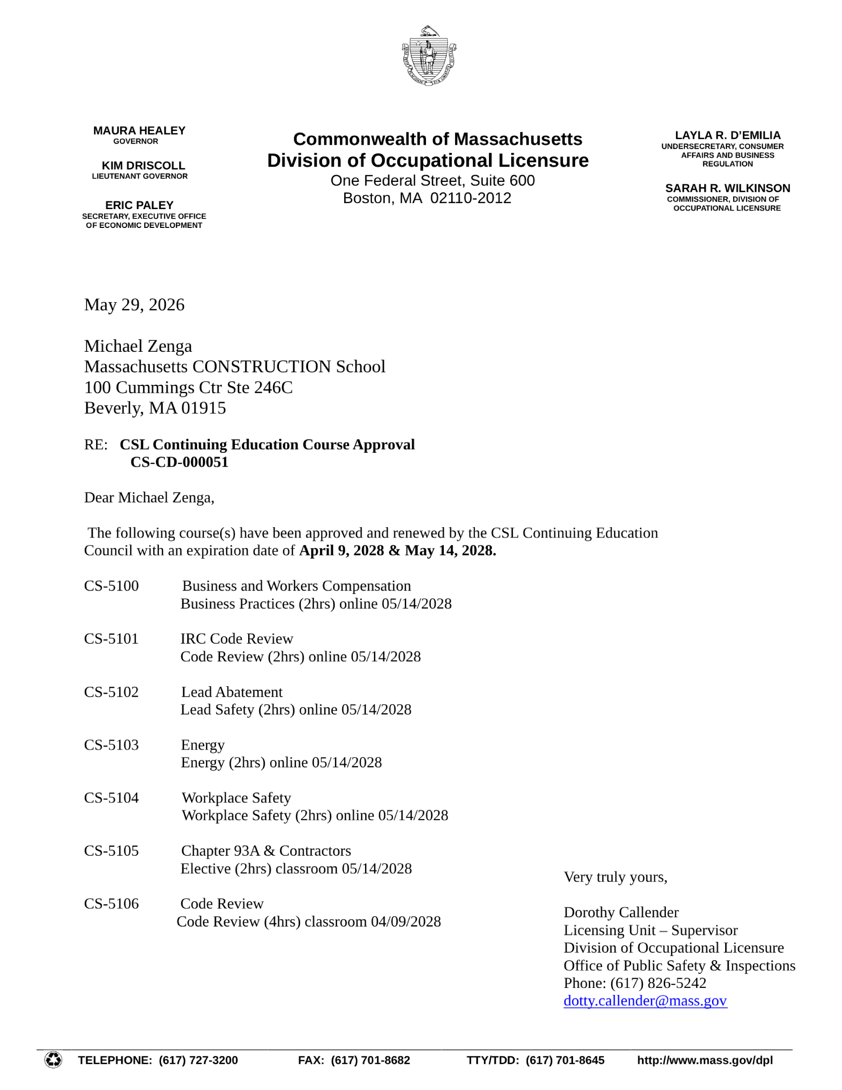 Division of professional licensure approval